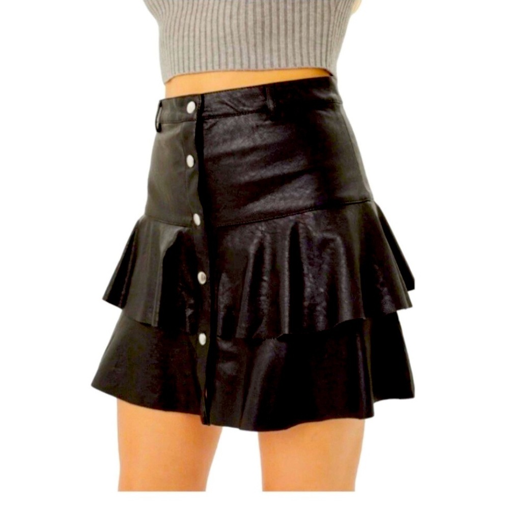 ZARA Black Ruffled Button-Up Skirt Sz Large